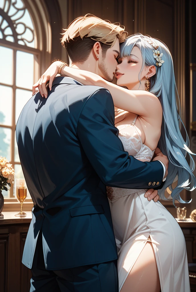 NSFW,masterpiece,Highest quality,High resolution,Super detailed,Star Town Suisei\(Hololive\),Blue Hair,One Side Ponytail,Blue Eyes,Small breasts,(High-quality white see-through dress),Estrus,A tense face,blush,(Sweat),Luxurious Room,Party Venue,chandelier,(Middle-aged men),A man puts his hands on her waist and hugs her,Having sex,Insert,Creampie,heart