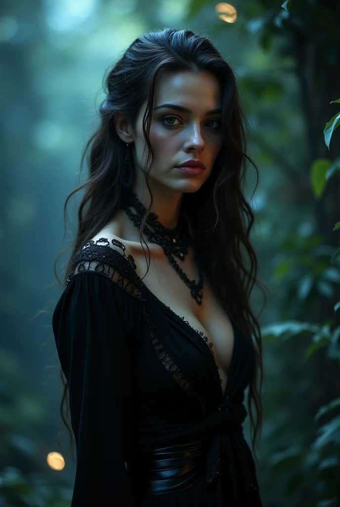 Portrait of Kristen Stewart in a dark fantasy setting. She is dressed in an elegant black velvet dress, with lace details and precious stones. Your hair is loose, flowing like a dark waterfall. The setting is an enchanted forest at night, with tall, gnarled trees, illuminated by silver moonlight. Behind her, shadows of mystical creatures and glowing eyes lurk between the trees. Bella has an enigmatic look, with eyes that reflect both mystery and determination