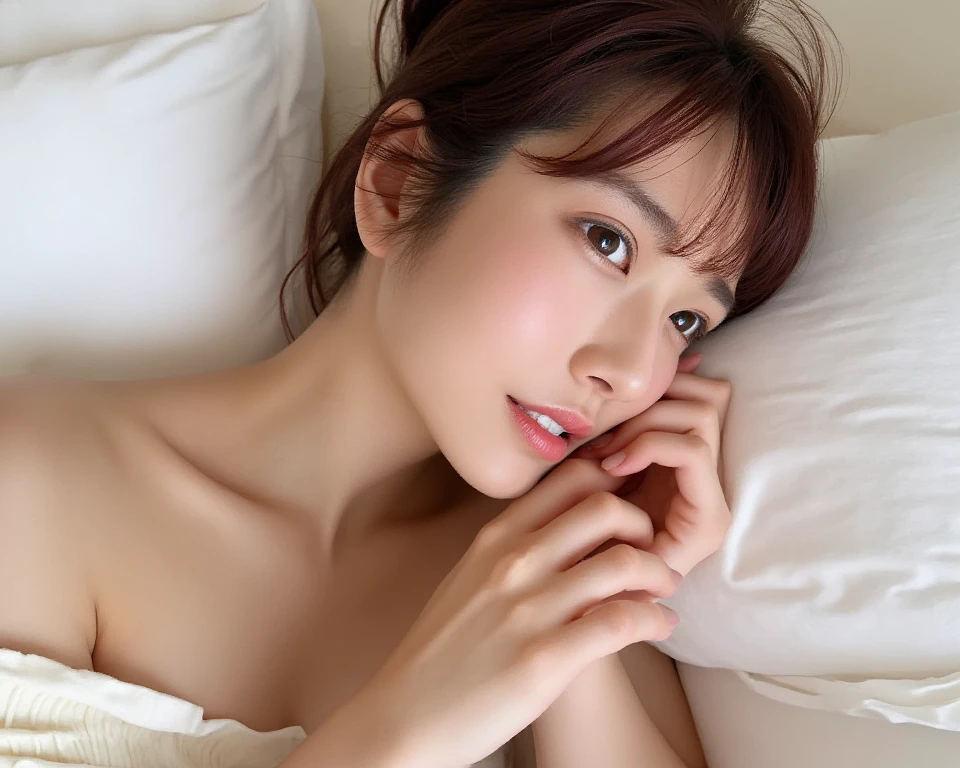 (Sleeping in bed:1.5)(Have a bad dream:1.5) ,masterpiece、Highest quality、High resolution、Tabletop、wallpaper、Realistic、Bright lighting、Professional Lighting、Face Light、Smooth lighting、Japanese women、Beautiful woman、、Modeled、gravure、sexly、so beautiful、Beautiful Skin、Beautiful and exquisite、Detailed face、slim、Large Breasts、Cleavage 、short hair、Brunette colored hair、Brown eyes、Japanese Kimono、Japanese Yukata、(Eyes closed:1.5)、(Expression of enduring pain:1.5)、The costume is white、Bra is visible,