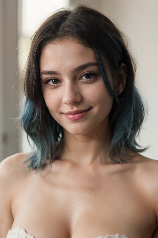 Arafed girl, 18 years old, beautiful girl with messy bob blue dyed hair, (small breasts), Wide hips, Pubic hair, slight sweet smile, Naked body, cute seductive smile, good young girl, beautiful and smiling, cute girl, portrait shot, looking straight at camera