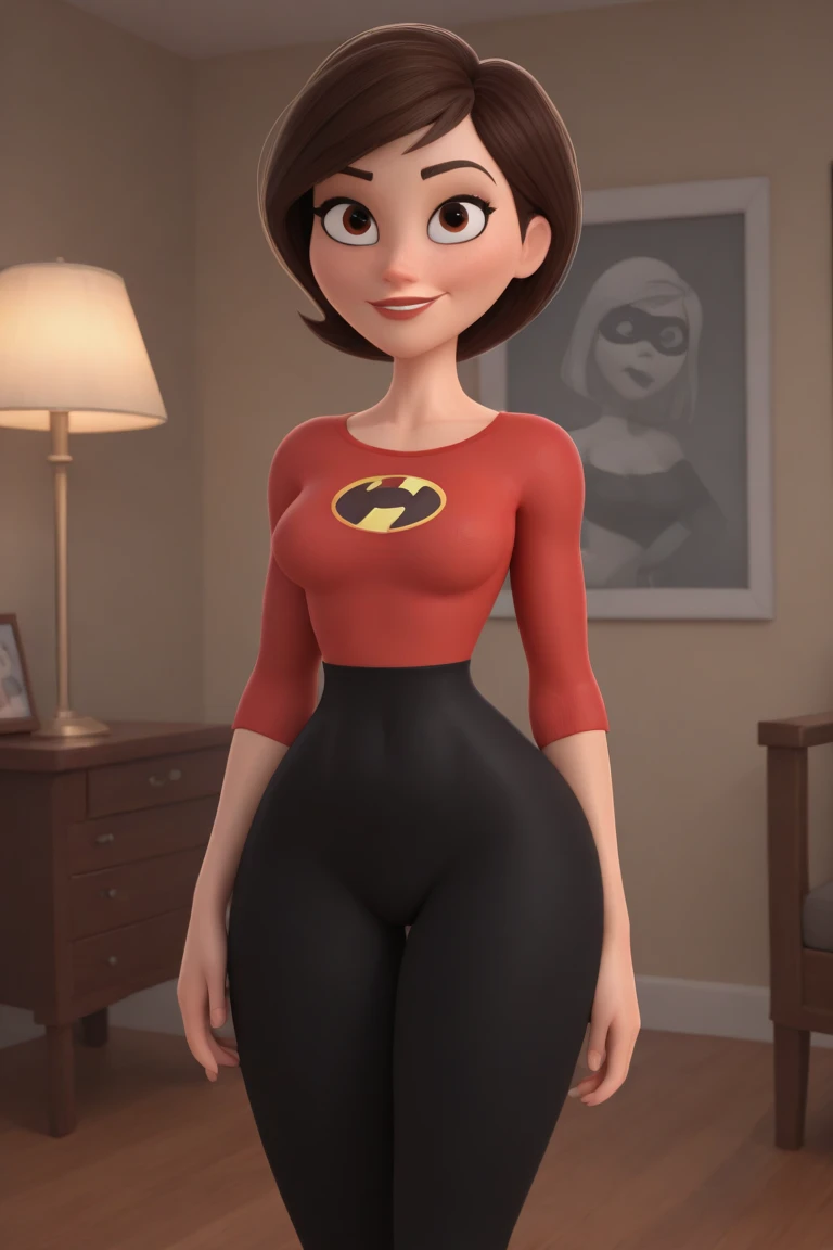helen parr, masterpiece, best quality, 1girl, solo, brown hair, short hair, lips, hand on hip, pants, breasts, brown eyes, black pants, wide hips, small breasts, thick thighs, shirt, tight, thighs, tight pants, looking at viewer, navel