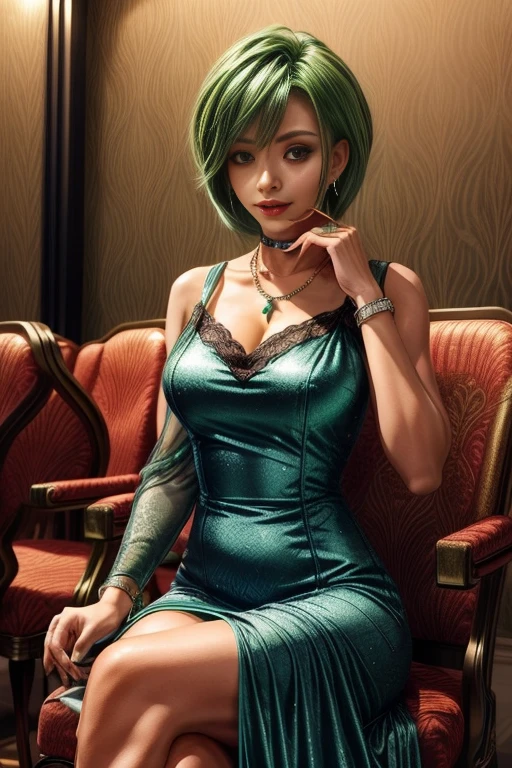 Frederica Greenhill, 25 years old, shortcut, green hair, wearing a pink long evening dress at a high class restaurant, sitting on chair , earrings, necklace, ring, bracelet, giga_busty