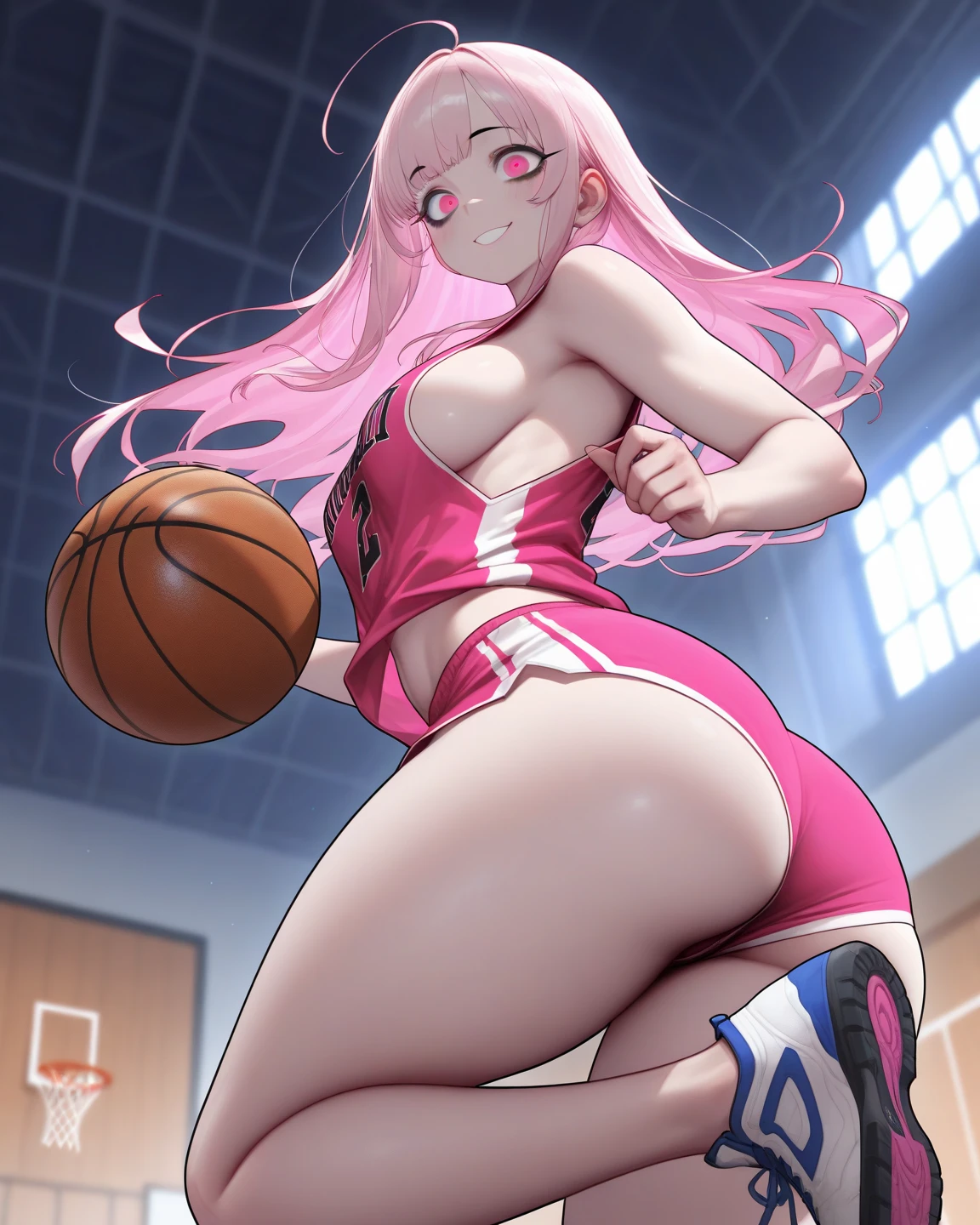 Starfire, long red hair, green eyes, orange skin, small breasts, slim body, thin legs, best quality, masterpiece, detailed,2d,flat color, 1girl,18yo,petit,grin,nude, public park, outdoor basketball court, jumping, bouncing breasts, wet body, wet hair, playing basketball, slam dunk, red sneakers, arms in the air, open legs, perfect anatomy,