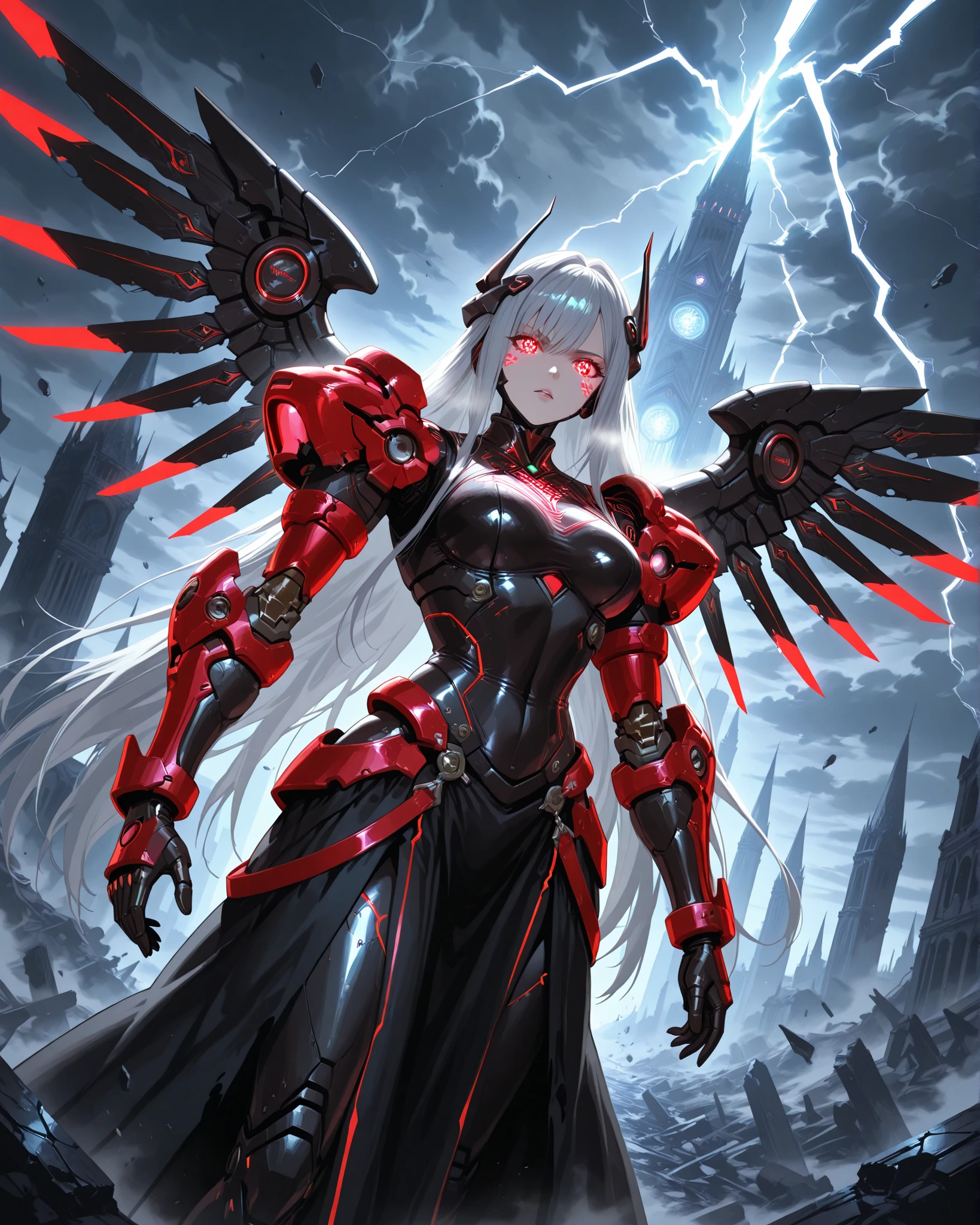 8k, anime style, high quality , professional , Vivid colors ,Shiny ,Skin, dutch angle ,(close up upper body, ) ,
Mechanized body, beautiful silver-haired female cybernetic overlord with glowing red mechanical eye and long flowing silver hair, wearing a dark ceremonial robe fused with futuristic technology, angelic mechanical wings, intricate glowing circuit tattoos on skin, cold and majestic expression, standing in a ruined cathedral filled with falling ash and shattered glass, dramatic lighting, detailed background, volumetric light, dynamic composition,
wings expanding dramatically, battle-ready stance, cold gaze, stormy sky with lightning, crumbling towers behind,