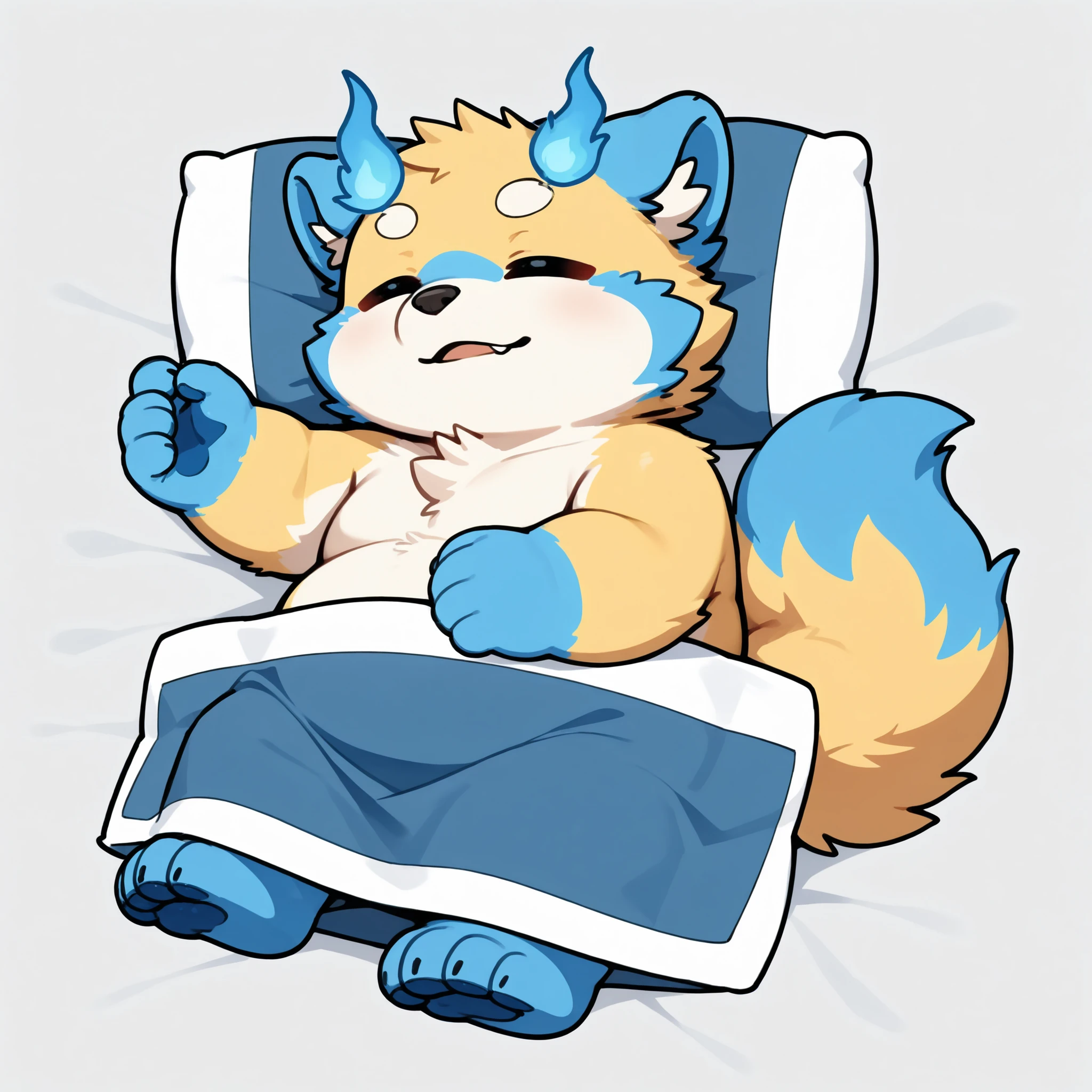 portrait, solo, male, botailang, overweight, young, fur,,tail,blue eyes,chibi,chibi, chibi, lying, sleeping, on back, blanket, pillow,