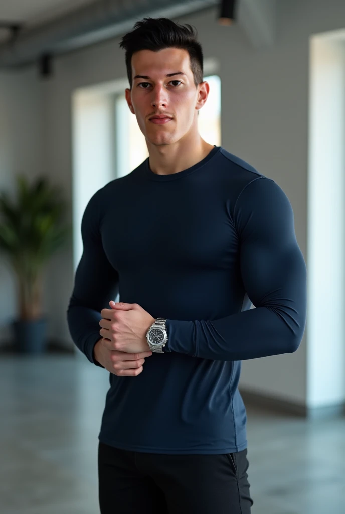 Young white man, 17 years old, military haircut, dark hair, intense blue eyes, intense gaze, affiliated features, no facial hair, height 1.93, weight 90 kg, muscular and corpulent build, broad shoulders, V-shaped body, dragons tattoo's on right arm, full body focus, completely hairless, Olympic athlete