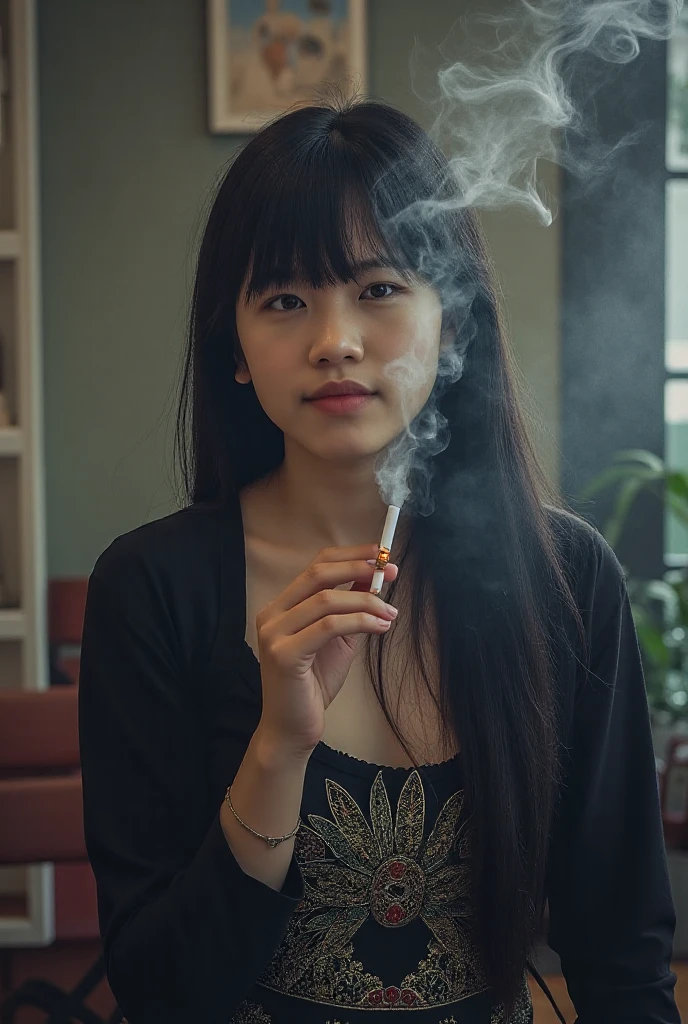 Terrace seating in urban café, green-haired beauty blowing ????????, large amount of smoke coming out of mouth, super high image quality, holding a cannabis cigarette in hand, 8k, 16k, f1.8, high amount of smoke, chill time