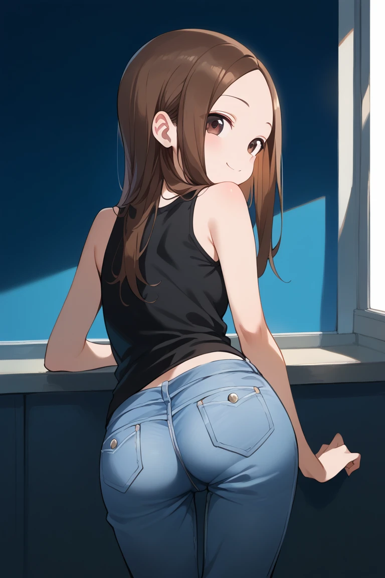 cowgirl's massive rear butt cheeks from behind out of topless vest out bare and wet pants spreading her legs, gloved hands hidden behind head, sunglasses