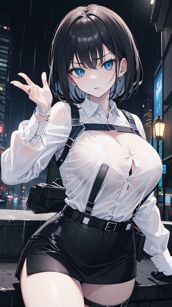(best quality), (Super detailed), (Best Illustration), (masterpiece), (nsfw), (woman), {(white serafuku lift:1.2), show off breast}, (large breasts:1.2), {brown hair, (sideburns), (bob cut:1.3), curly hair, hairs between eyes, colored inner hair}, {(detailed eyes), blue eyes}, blush, earring, wind, ruin city, botanical, night