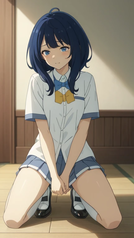 whole body,One girl,indoor,Bed,Troubled face,(whole body:1,0),(pussy cameltoe:1.0),Long legs,uniform,Blue sailor collar,White panties,squat,Squat,Spread your legs,M-shaped legs,Hands behind headで組む,Hands behind head,Beautiful thighs,barefoot,Looking at the audience, Anime Coloring,(((Reina Kosaka,  Seraphim,  Looking at the audience, Mouth closed,  Blurred,(shape:0.8), (Fine and beautiful eyes:1.6), highly Detailed face, Perfect lighting, Extremely detailed CG, (Perfect hands, Perfect Anatomy),masterpiece,High resolution,Anime key visual,Fine and beautiful eyes,Highest quality,ユニティ 8K wallpaper,Ultra-dense skin,White skin,Highest quality, wallpaper,8K,Kyoto Animation,Highly detailed eyes,Growing Eyes,Detailed face,Hair with attention to detail,Highest quality,
