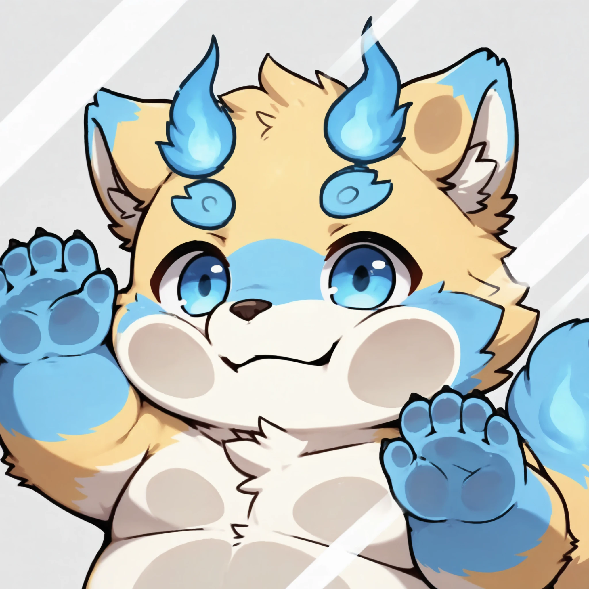 portrait, solo, male, botailang, overweight, young, fur,,tail,blue eyes,chibi,chibi, against glass, cheek press, close-up,