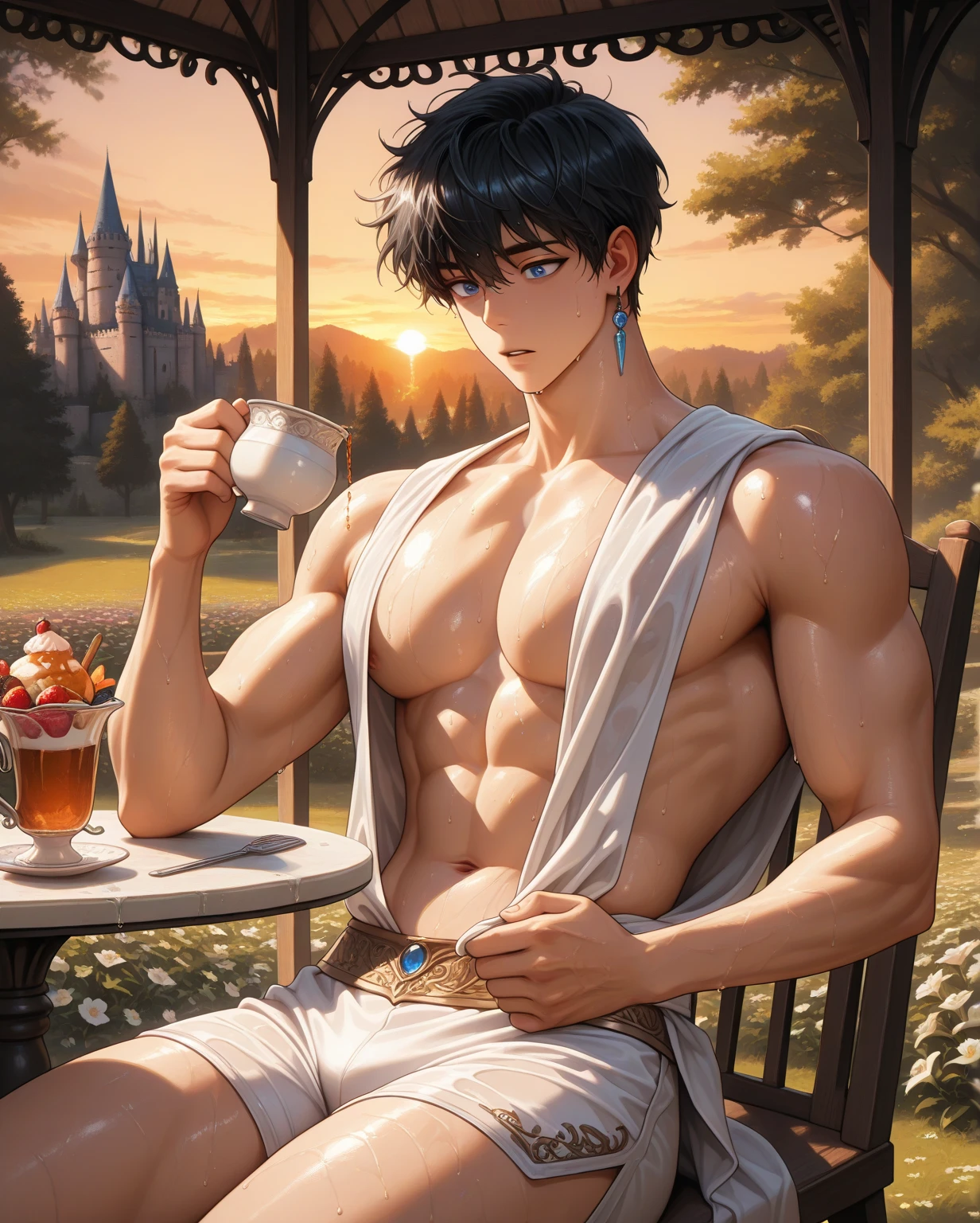 solo, MALE, sung jinwoo, parted lips, black hair, short hair, messy hair, blue eyes, athletic body, large pec, , handsome, single earring, Male Fantasy Clothes, white ancient god clothes, revealing toned  and navel, pull down shorts, manly, sweating, wet of sweat, sit on a chair, holding and drinking tea, dessert set on the table, tea party at the garden, gazebo, big trees, flowers, castle, masterpiece, best quality, amazing quality, very aesthetic, absurdres, newest, summer scenery, sunset