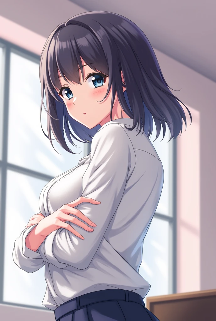 {akane kurokawa:1.5}, {oshinoko}, (8k), ((Best Quality)), (Ultra-Detailed), High Resolution, Extremely Details CG, ((Photorealistic:1.2)), official art, by famous artist, perfect hands, perfect anatomy, super detailed skin, Beautifully Detailed Eyes, Beautifully Detailed Skin, Beautifully Detailed Hand, Beautifully Detailed Fingers, Beautifully Detailed Lip, Shiny Skin, Shiny Skin, Glossy Skin, PUPILS SPARKLING, Moody Lighting, Film Reflection, Deep Rendering, beautiful countenance, 1 girl in, 独奏, 25 years old, blue hair, Bob cut with even ends, Big, round eyes, Calm face, green-blue eyes, wince, (blush), (Yandere Women), room, ((night)), Ruffled shirt, skirt, Cowboy Shot,