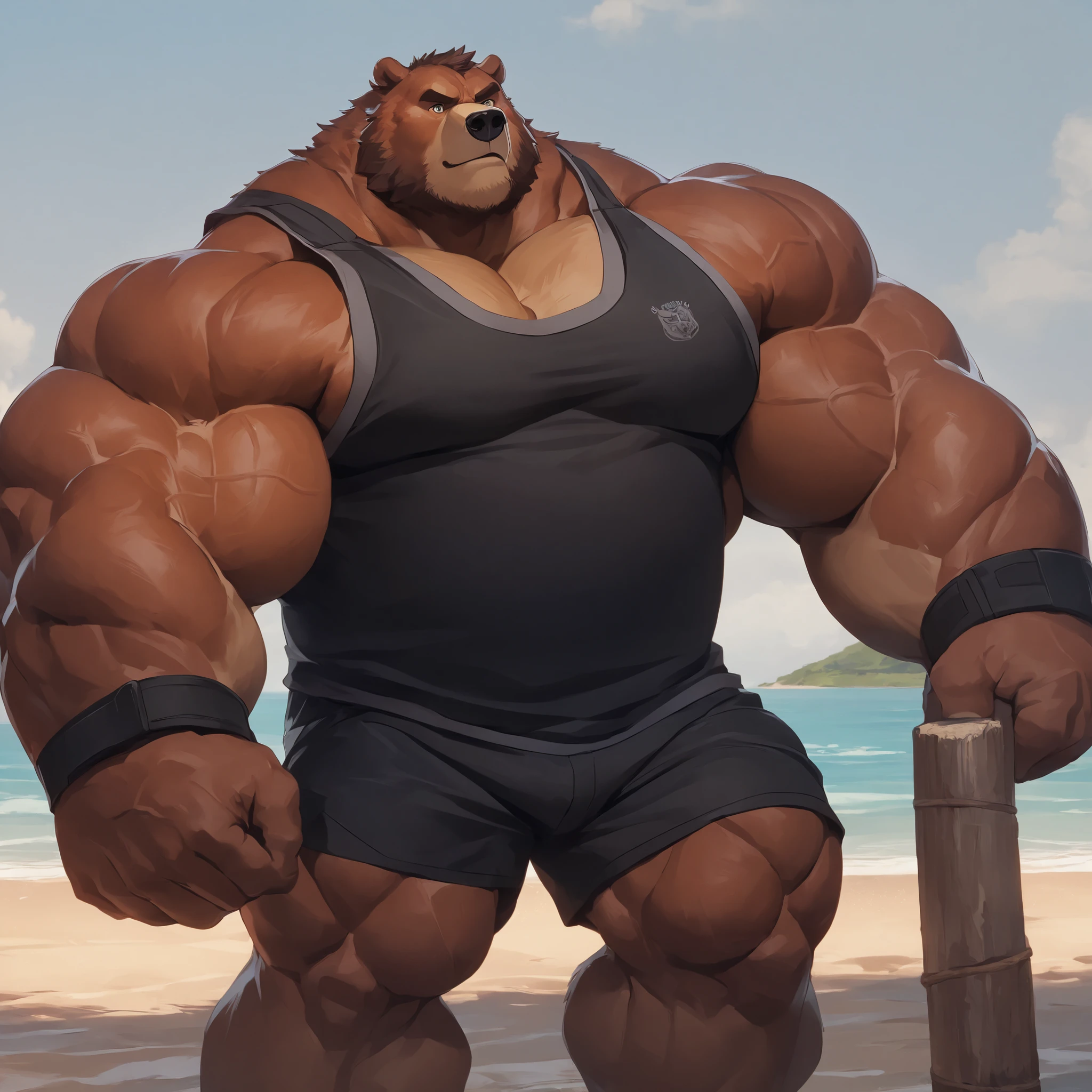 solo, 2boys, beach, size different, extremely huge muscular, massive muscular, grizzly bear, full-body, well-muscled, being shirtless in a black swim trunk shorts and black wristbands in beach. Throwing the beer keg high behind the goal post. Keg toss. Super strong. Super strength. ((extremely muscle size, super thick arms, huge back, thick brown fur, extremely wide back and shoulder, powerful strength, huge arms)). and add details to make it attractive and interesting. Add textures and details to make the image more realistic, such as the appearance of the body-built texture and the appearance of the fur. Make sure the resulting image is high resolution, 8K quality.", simple background, masterpiece, high detailed, 8k, high resolution