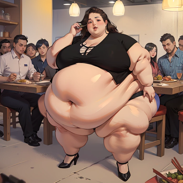Masterpiece, best quality, highres, detailed, (realistic:1.2), rich young woman, (morbidly obese:1.2), USSBBW, (fatblob:1.2), shy expression, beautiful face, surrounded by food, expensive jewelry, surrounded by servants, high aesthetic