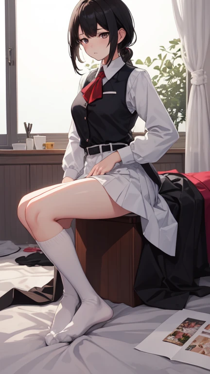 absurdres, RAW photo, extremely delicate and beautiful, masterpiece, Best Quality, ultra high resolution, 32k, hyperrealistic, ultra-detailed, perfect figure, in her 20s, very small head, very small face, delicate facial features, tearful mole, earring, huge breasts, legs, full body shot, medium hair, black hair, Colored inner hair, sweat, school_uniform,