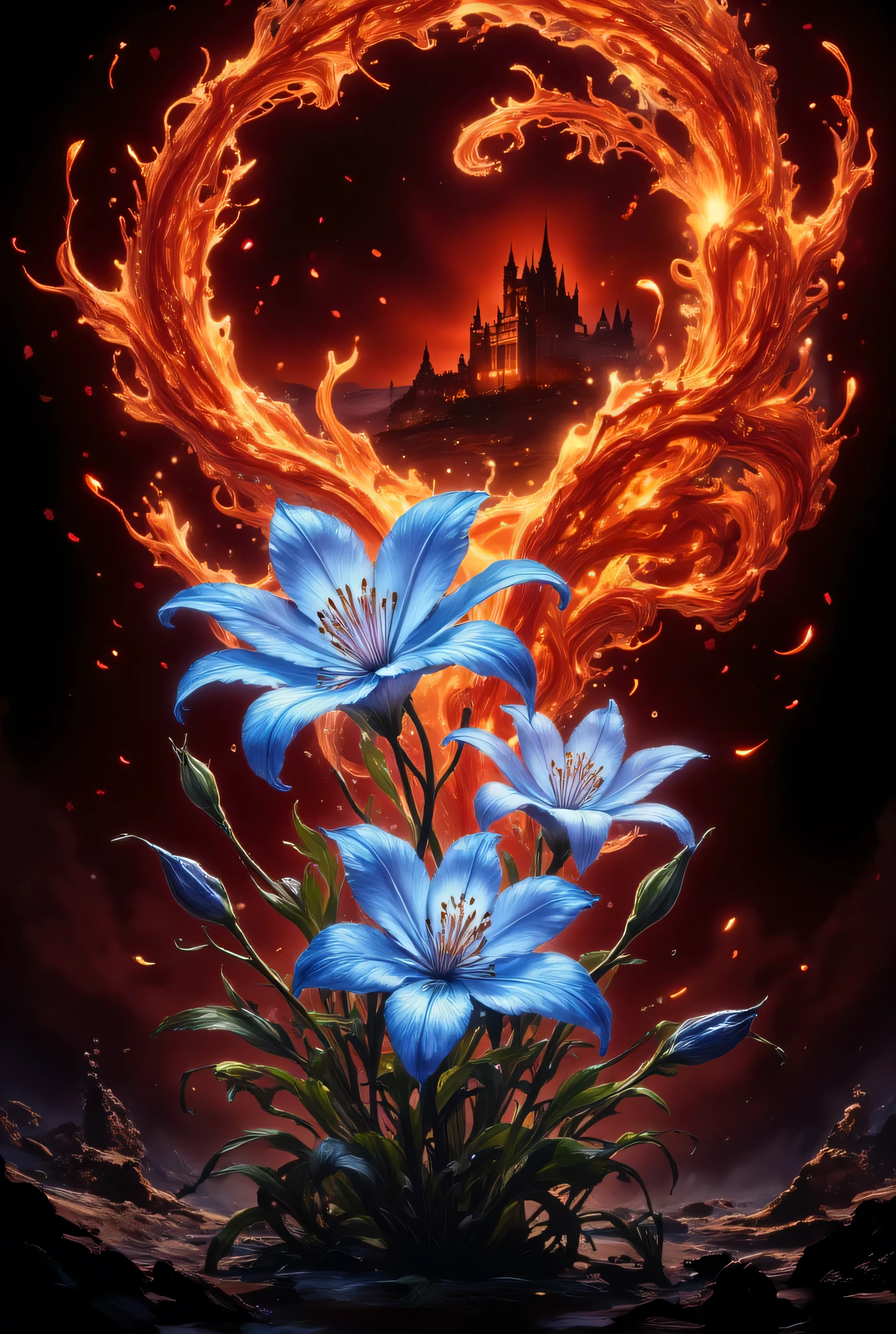 A highly detailed fantasy-style digital painting of two large lilies, accented in blue and surrounded by realistic orange fire, symbolizing intensity and transformation. The radiant blue represents serenity and contrast. In a setting where everything is red except the blue lilies, just on the horizon stands a red castle. The artwork blends realism and surrealism, with a painterly texture and a magical atmosphere.