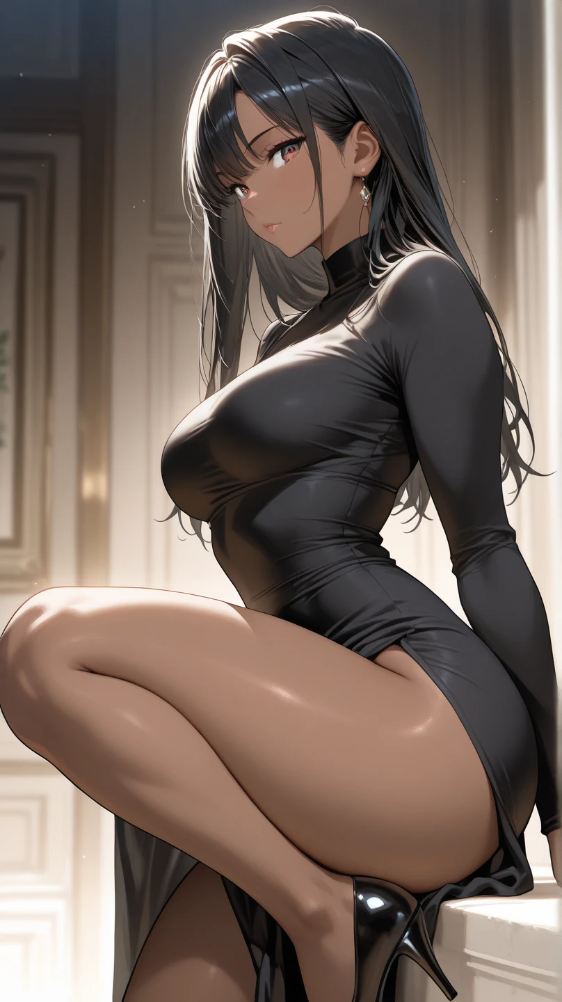 realisticlying、22-year-old girl、Face Real、skin gloss、show through、Close-up looking up from the side wearing a garter belt、Wearing a light and tight-fitting grey long dress、bold emphasis on the thighs、Breasts enlarged、sexly、Face smile、