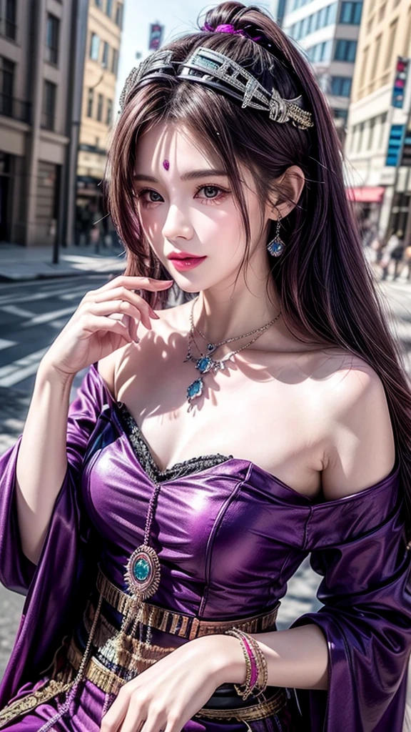((masutepiece)), ((Best Quality)), (Ultra-detailed), ((kawaii)), Cute, (lovely), ((Sexy)), (Ero), ((Extremely detailed)), (Detailed eye), (detailed facial features), (Detailed fingers), (detailed clothes features),4K, (8K), (Beautiful), Illustration, Dynamic Angle, (Upper body:1.2), (Holding a wizard's wand:1.3), Knossos palace, evening, Autumn, Pretty women, Solo, (she wears a skimpy wizard dress:1.3), Beautiful purple hair, fishtail braid, Beautiful blue eyes, ((Beautiful eyes)), White teeth, drooping chest, (Hair ornaments:1.2), earrings, Bib Necklace, Smile, Lens Flare, shiny