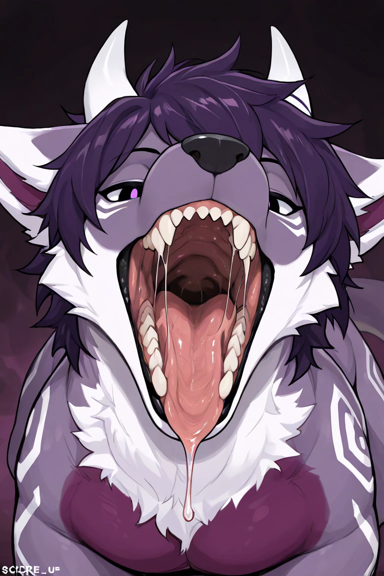 (author:Hioshiru and tekahika and dripponi, (coffeesoda:1.1)), countershading, Solo, anthro, Male, (badger), ((intricate detail fluffy fur texture)), Purple mane, white and purple fur, headshot, chest tuft, ((wears)), digitigrade, Handsome, Solo, (musculature), muscular, (shaded), (Detailed eyes):1.2, ((busts)), face shot, mouth shot, mouth focus, maw shot, open mouth, gaping mouth, saliva, saliva string, drool, excessive drool, drooling, tongue, tongue out, panting, heavy breathing, fangs, presenting mouth, looking in mouth, cum, cum in mouth, mouthful, mouthful of cum, genital fluids, genital fluids in mouth, bodily fluids