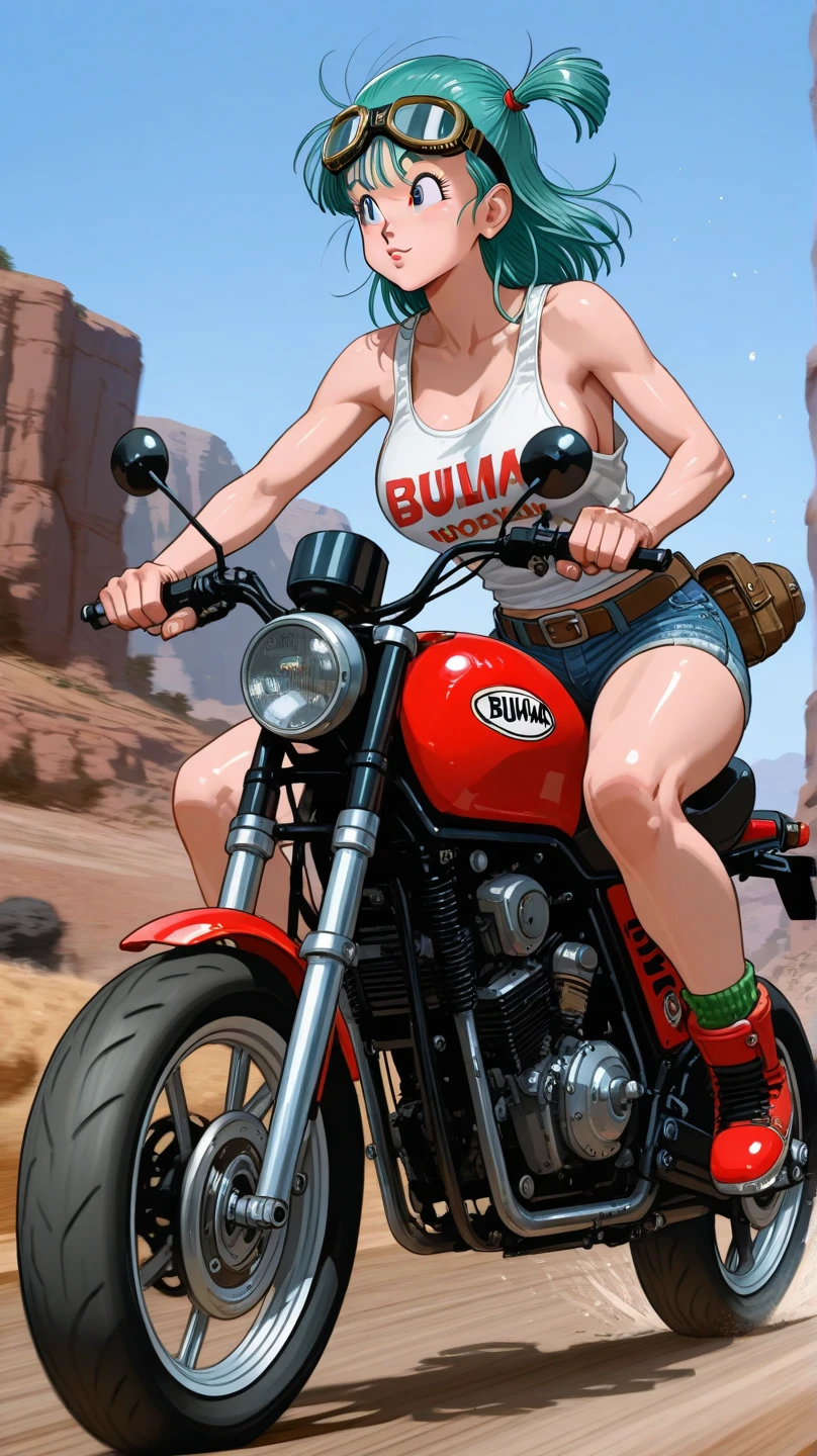 Candace, red tank top, skirtless, riding a motorcycle, white panties with red hearts, heart print panties, legs, white shoes, red socks, sunglasses, rear view, big butt, else half closed, head turned to viewer, 2D cartoon,