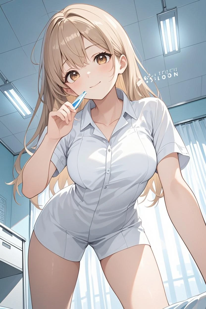anime, beautiful face, highly detailed face, 2 accurate legs, pink detailed eyes, highly detailed background, perfect lighting, accurate arms, accurate hands, accurate fingers, blonde hair, full body, 1girl, solo, ruby hoshino, oshi no ko, in a nurses office, absurdres, high res, ultrasharp, 8K, masterpiece, looking at viewer, (full body:1.4), orgasm face, cleavage, pink detailed nurse outfit, unbuttoning nurse outfit, sexy nurse outfit, no bra, no panties, nurse equipment, nurse hat, white detailed thighhighs, heels, sexy pose, sitting down, one hand fingering vagina, fingers in vagina, vagina insertion, 1 eye closed, steam out of mouth