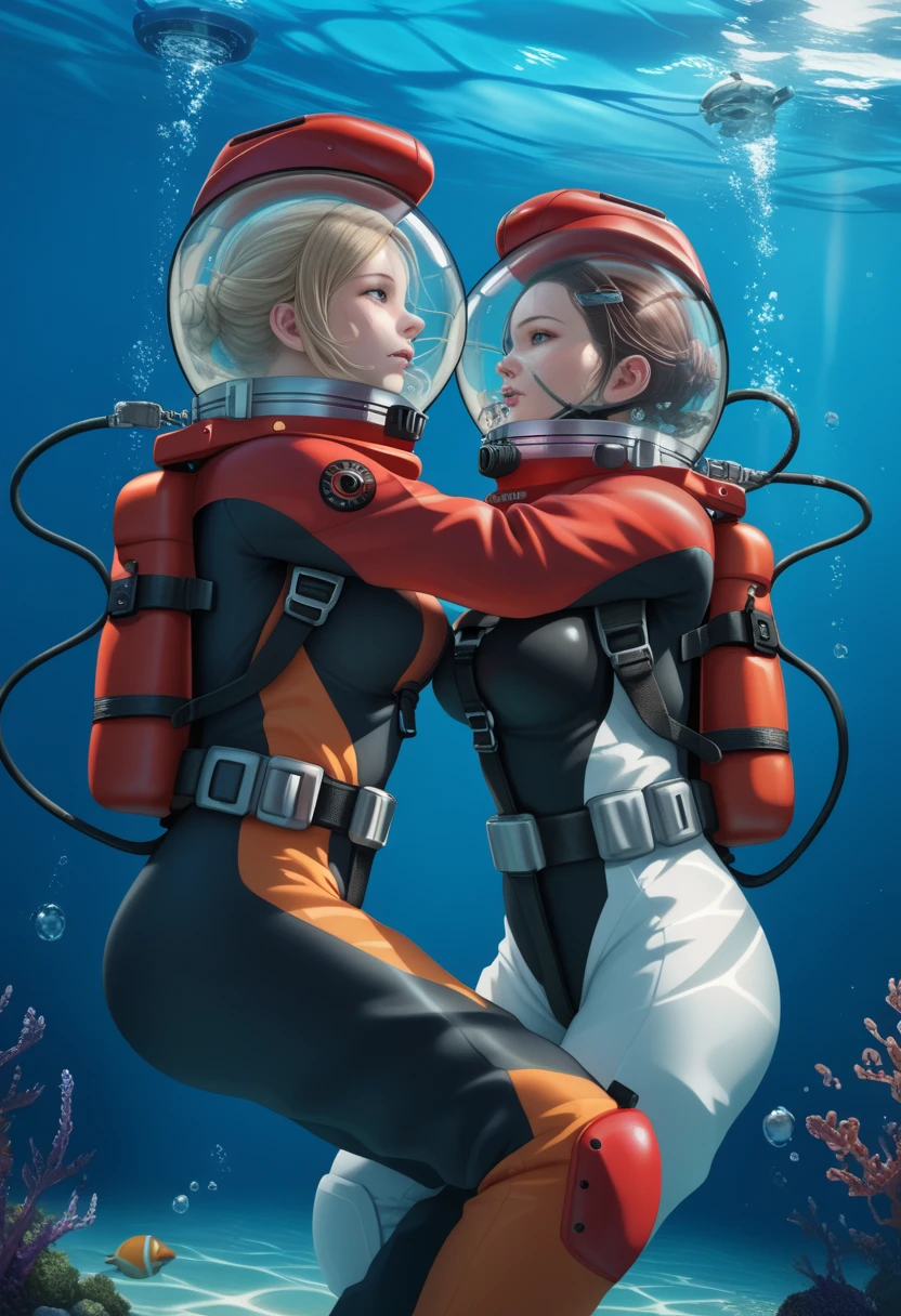 Beautiful curvy chibis in love, a little Asian astronaut with black hair tied up, floating, and a freediver with her white neoprene suit, with light brown hair tied in a bun, swimming, trying to reach each other. illustration, 3d rendering, photography, realistic, anime, photography, poster, fashion, portrait photography