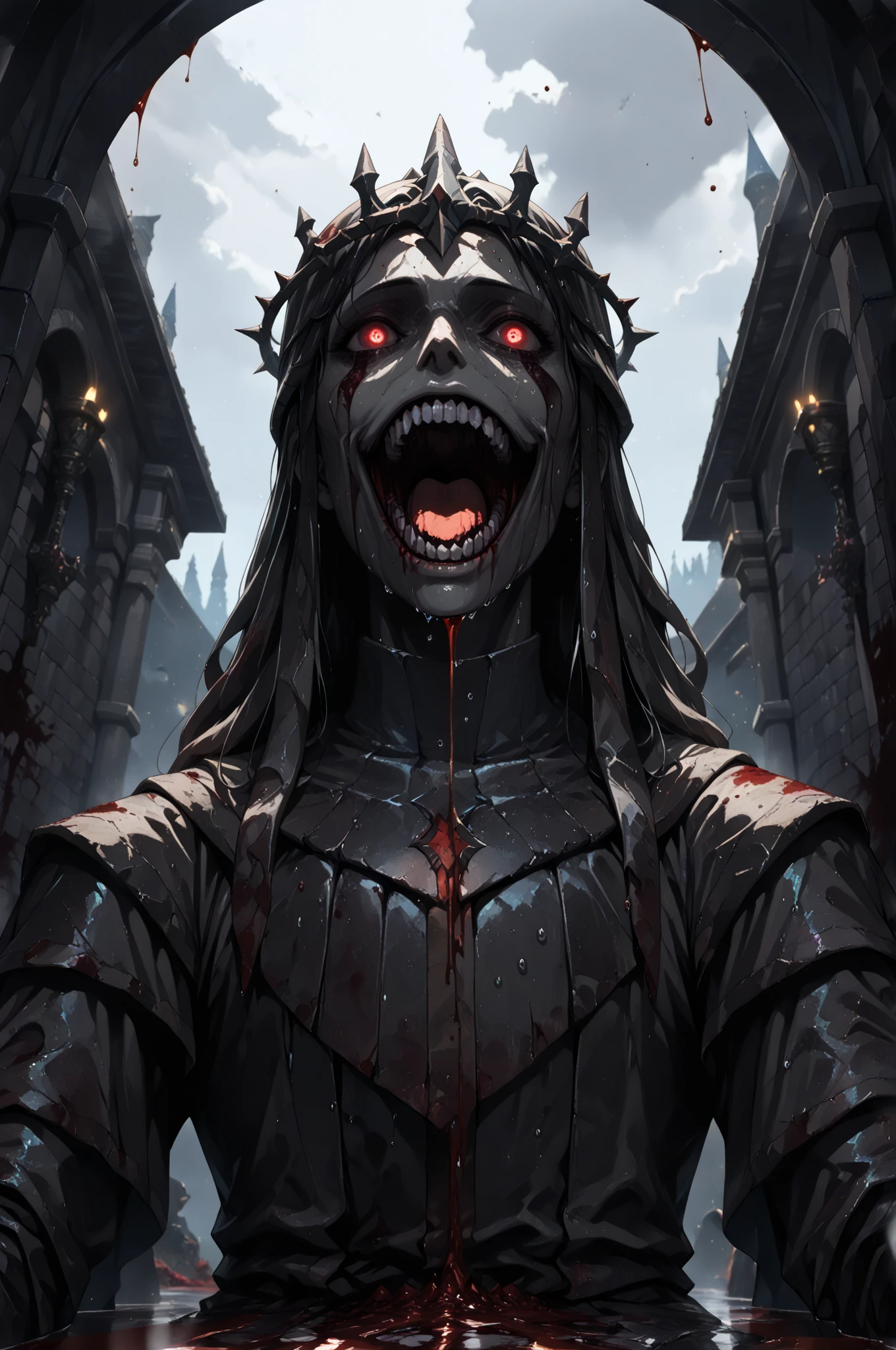 HDR, 8K, high contrast, masterpiece, best quality, amazing quality, very aesthetic, superabsurd res, high resolution, ultra-detailed, absurdres, newest, scenery, lightrays, chiaroscuro, dynamic angle, final boss, dungeon boss, statue_of_god, statue, red eyes, open mouth, teeth, (((blood, blood splatter, wet lens))), (dynamic pose), dark dungeon, dungeons and dragons, epic composition, (knights fighting in background:1.5), dynamic shot, cinematic, cinematic lighting, atmospheric lights, depth of field, detailed background