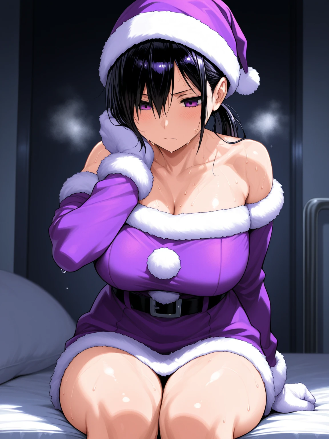 mature female, mature, Adult, himeno, himeno(Chainsaw Man), 1girl, black hair, short hair, eyepatch, Himeno(Chainsaw Man), solo, seductive smile, evil grin, aroused, in heat, nsfw, steam, breath, sweat, drooling, Villains, Open coat, Spread legs, latex purple leotard under the trench coat, Light green pantyhose, chest, View your audience, Night town, City, skyscraper, Night, Dark, dramatic angle, unique perspective, unique angle, masterpiece, Top animation quality,Top image quality,