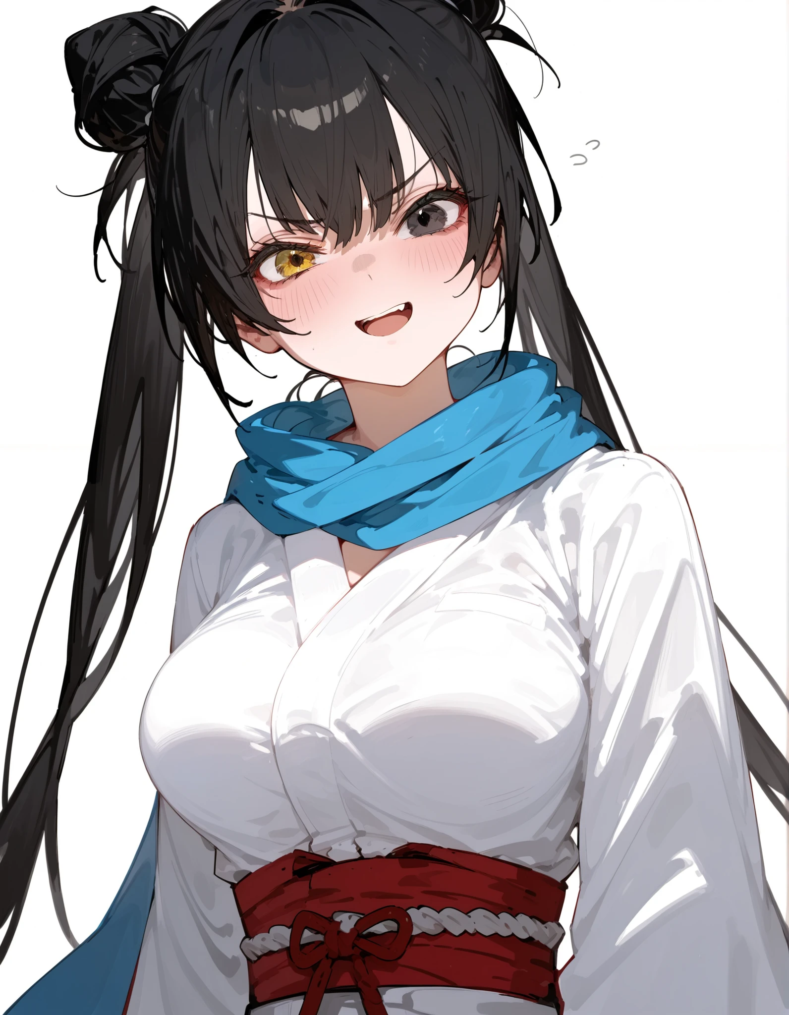 <lora:LuluV3:1.0>, LuluX, red eyes, strapless dress, multiple belts, fur trim, off-shoulder dress, large breasts, cleavage, seductive smile, blushing, monochrome, spot color, (traditional media:1.2), colored pencil \(medium\), graphite \(medium\), simple background, sketch, pencil sketch,