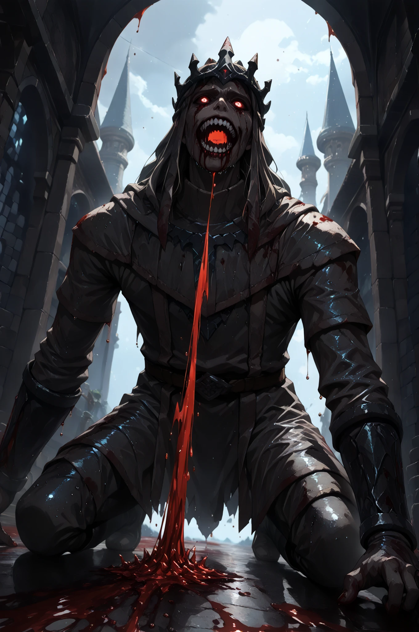 HDR, 8K, high contrast, masterpiece, best quality, amazing quality, very aesthetic, superabsurd res, high resolution, ultra-detailed, absurdres, newest, scenery, lightrays, chiaroscuro, dynamic angle, final boss, dungeon boss, statue_of_god, statue, red eyes, open mouth, teeth, (((blood, blood splatter, wet lens))), (dynamic pose), full-body, dark dungeon, dungeons and dragons, epic composition, (knights fighting in background:1.5), dynamic shot, cinematic, cinematic lighting, atmospheric lights, depth of field, detailed background