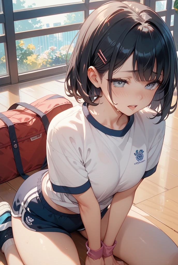 ((masterpiece)),((Highest quality)),((High resolution)),((Anatomical)),((Realistic)),((Detailed Description)),((Full body view)),((Perfect lighting)),((8k)),((cute)),((School classroom)),((Window)),((blue sky)),((cumulonimbus)),((Sit at a desk)),(((((One little girl))),(((Lori))),(((neutral))),((child)),((8-year-old)),((Beautiful eyes)),((Baby Face)),((low length)),((Petite)),((Flat Chest)),((Black Ponytail)),((Seductive smile)),((Red cheeks)),(((White tank top))),(((bikeshorts))),(((1 backpack))),