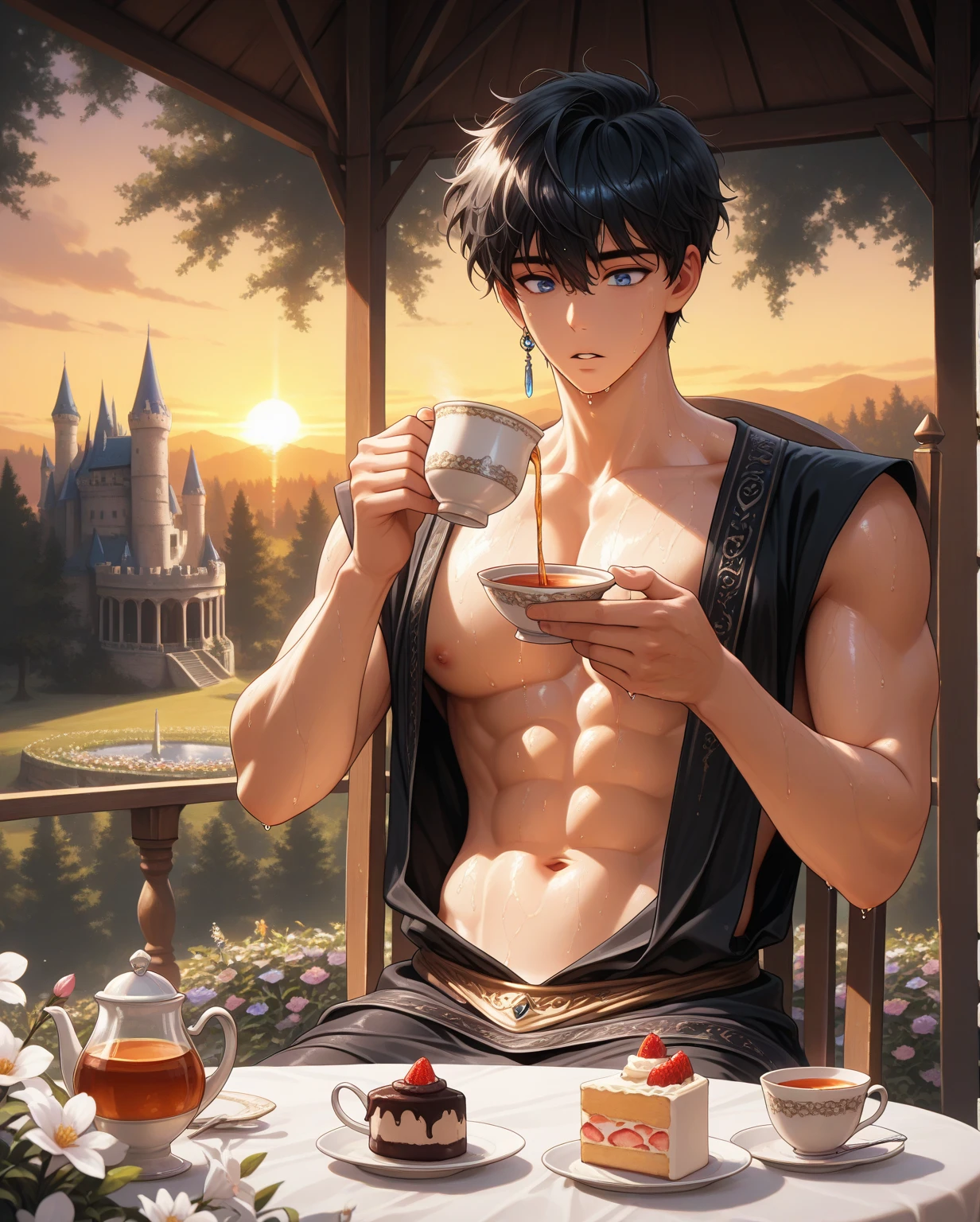 solo, MALE, sung jinwoo, parted lips, black hair, short hair, messy hair, blue eyes, athletic body, large pec, sexy, handsome, single earring, Male Fantasy Clothes, black ancient god clothes, revealing toned chest and navel, manly, sweating, wet of sweat, sit on a chair, holding and drinking tea, dessert set on the table, tea party at the garden, gazebo, big trees, flowers, castle, masterpiece, best quality, amazing quality, very aesthetic, absurdres, newest, summer scenery, sunset