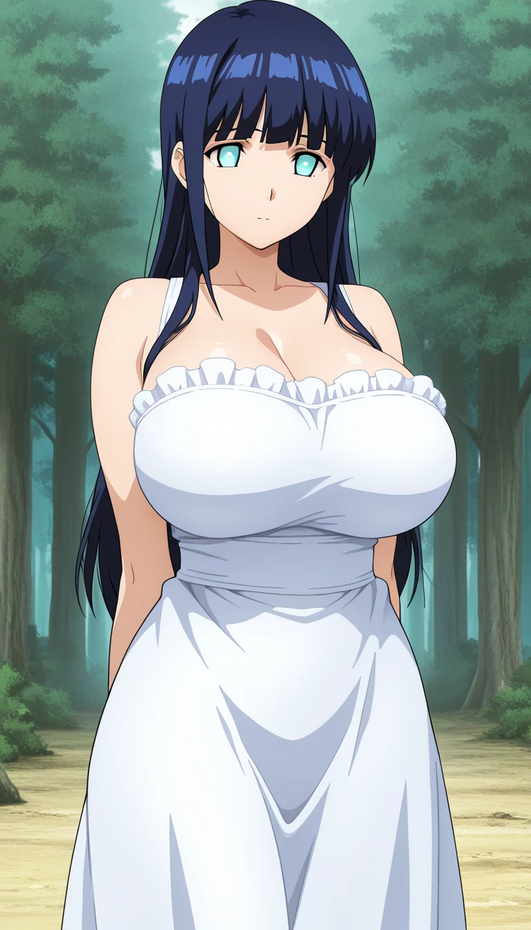 (standing), spread her arms, spread her hands, white lingerie, white stockings, (night forest background), night time, starry night, (fire camp), Litchi Faye-Ling, mature woman, anime cels style, best quality, high resolution, 1girl, (huge breasts:1.2), beautiful face, Beautiful Finger, Beautiful long legs, Beautiful body, Beautiful Nose,Beautiful character design, black hair, very long hair, Bangs, purple eyes, (cowboy shot), blushing, light smile, looking at viewer, pov from top