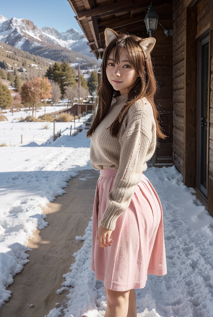 Beautiful  woman with a gigantic accentuated ass, very long pink hair, bangs, french braid, widest waist, fitting huge enormously gigantic breasts, curvy accentuated booty, sparkling moonlight eyes, long detailed eyelashes, thick thighs, Strong calves, shy Look, taniaayusiregar, She wears a fur coat hoodie, lace panties and thigh high fur winter boots, leaning against the railing of a porch of a small Mountain hut, evening in Winter, snow in background, photorealistic, Masterpiece, bokeh, Volumetric lighting, winter season atmosphere, full body shot from the side