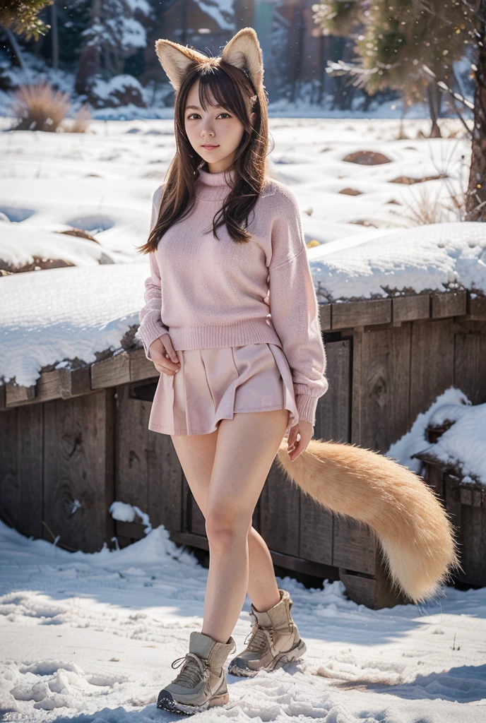 Anime style anime girl with big sand fox ears and big bushy hairy tail, with long golden hair and blue eyes,  wearing a pink sweater and a blue long skirt , walks in the background of snowy mountains in beautiful outdoor scenery.