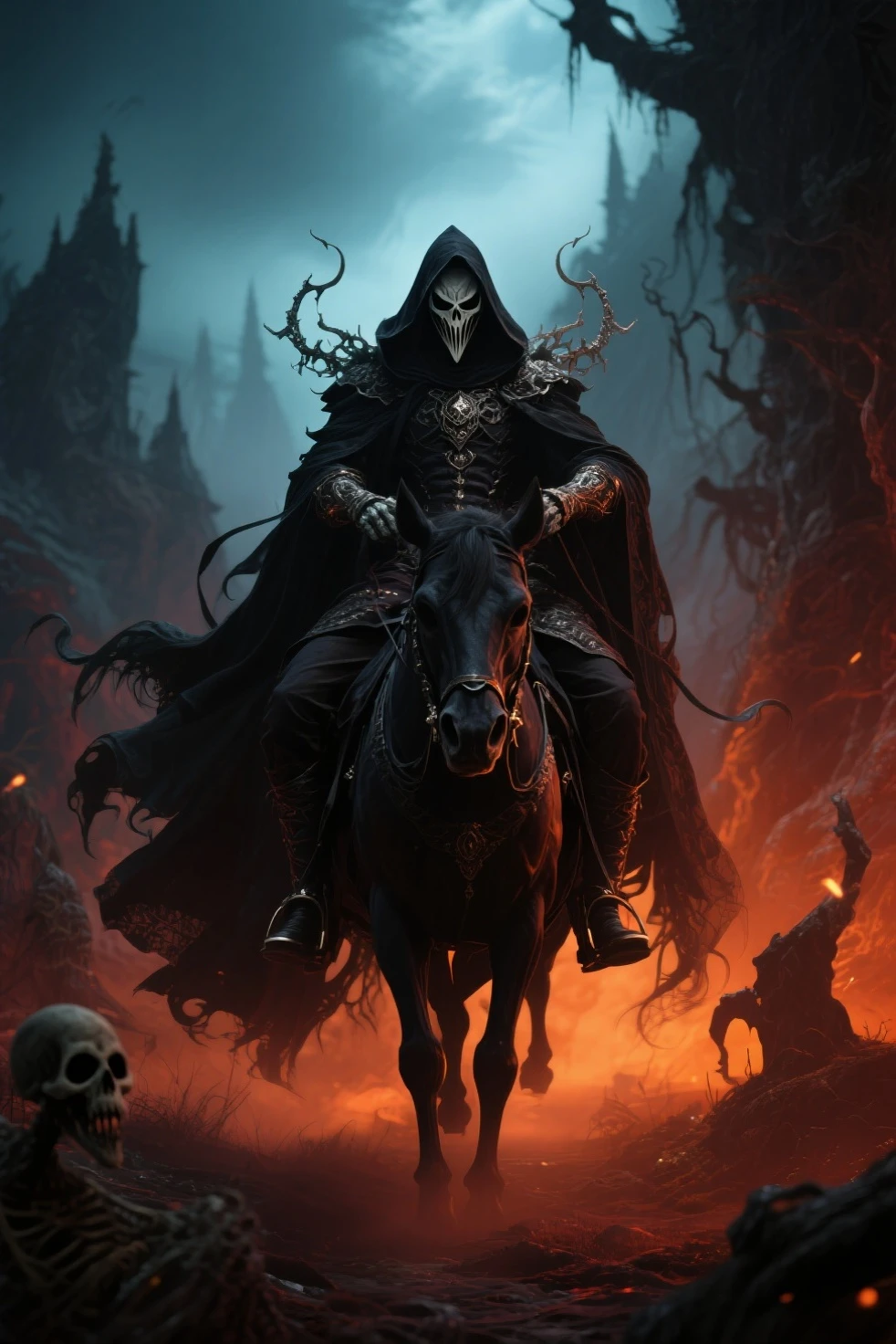 hyper detailed masterpiece, dynamic, awesome quality, dullahan, headless humanoid figure, carries head in one hand, neck stump, dark shadowy hooded attire, riding a horse or carriage, whip made from human spine, harbinger of death, mournful expression mysterious foreboding aura, celestial,rippling,towering,rounded,mechanical efficiency,technical challenges,torrid,tranquil escapes, agricultural,restful,responsive,unbelievable,decaying,gentle,disintegrate,machined