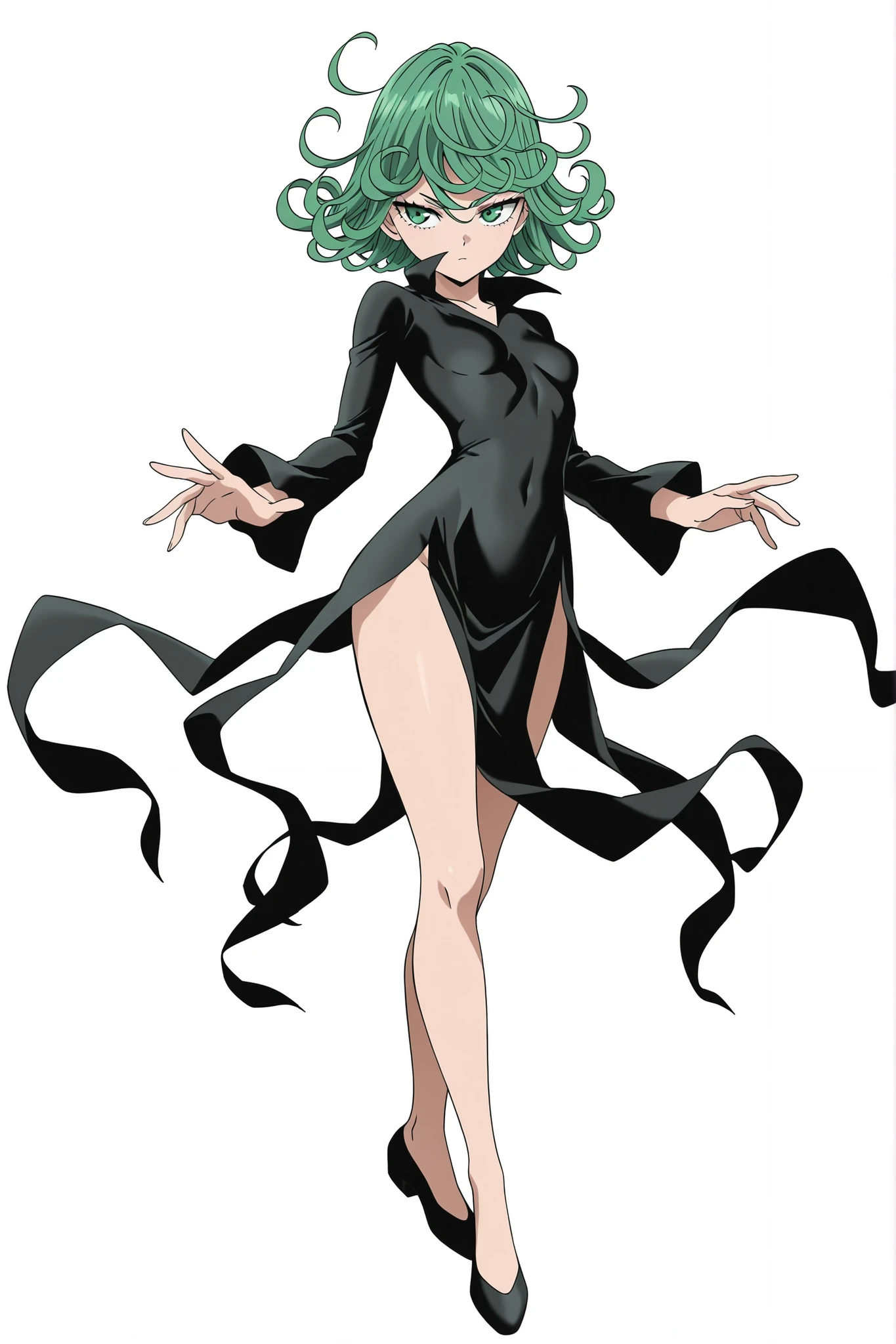 white background, simple background, masterpiece, highly detailed, anime coloring, anime screencap, full body, 1girl, solo, tatsumaki, short hair, curly hair, small breasts, long sleeves, black dress,