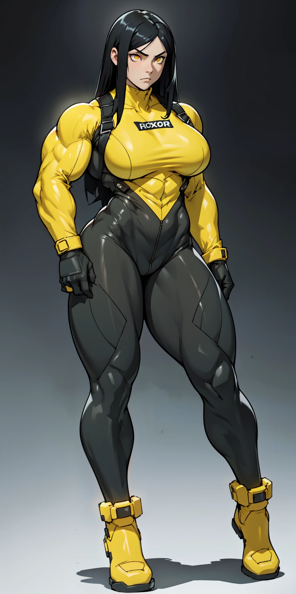 ((grey background)), (((((1 girl))))), black hair, yellow eyes, ((((((muscular)))))), tall, pale skin, (full body), bodysuit, (solo), curvy, wide hips, thick thighs, small breasts