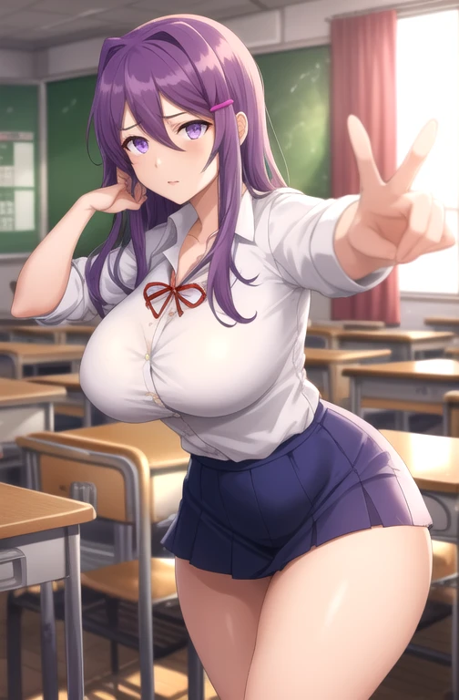 ((best quality)), (detailed), ((high resolution)), ultra high definition, 8k, ((style of Akame Ga Kill!)), perfect symmetry, masterpiece, BREAK, girl with perfect body, transparent white shirt, (view visible through clothes:1.0), with cleavage, mini tube skirt, with heels, purple eyes, detailed eyes, long blue hair, shiny skin, BREAK, standing making a sexy pose and pointing at the blackboard with one arm, in a classroom. ((front view 1.3))