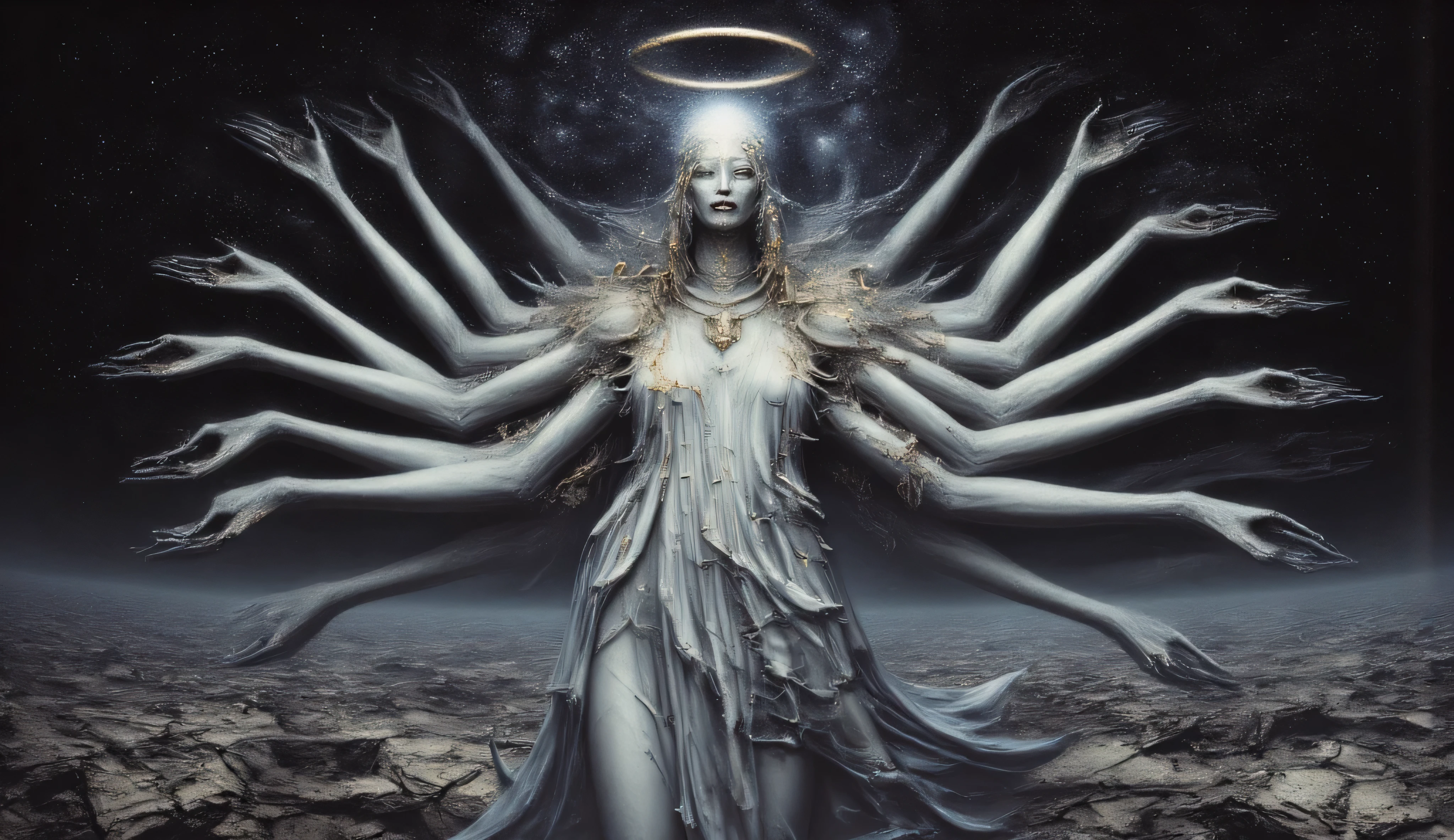 A Greek statue made of white marble with a hundred arms. gold elements. divine light emanates from her. gold rings and a halo.. The stars of the galaxy and the cosmic beauty are visible in the sky.A lifeless land covered with cracks. It's a dark night. The black sky, the apocalypse. horror. Ruins of the city. It's a creepy landscape. Maximalism. the horror.