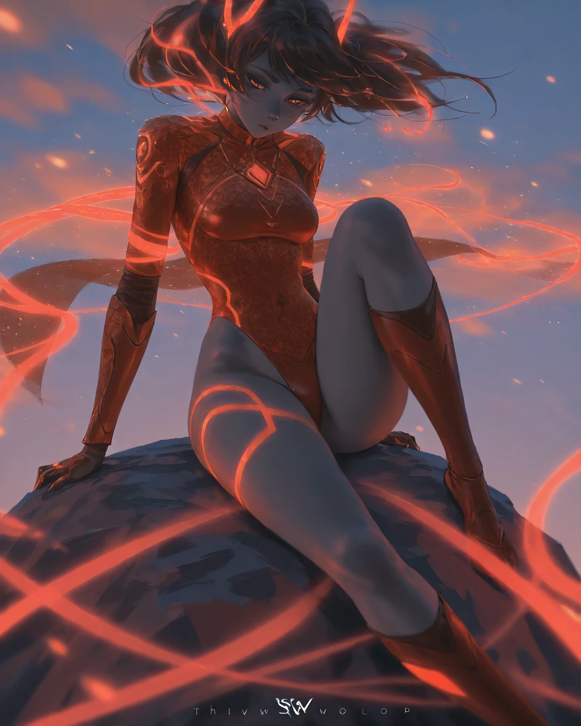 Dark, Fire Theme, red theme, Fire Theme, Orange,((Silhouette of a woman, Kneeling)), an ominous fantasy illustration, dan mumford tom bagshaw, Dark Fantasy Art Style, Beautiful illustration for decoration, Dark, But detailed digital art, fantasy horror art, dark fantasy style art, Beksinski and James Jean, inspired by Aleksi Briclot, Dark Fantasy Illustration