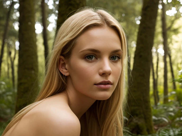 European woman, closeup, (shirt), pants, (california redwoods), (), ZM_alicia, wide shoulders, perfect face, (contact iris: 1.1), pale skin, skin pores , depth of field