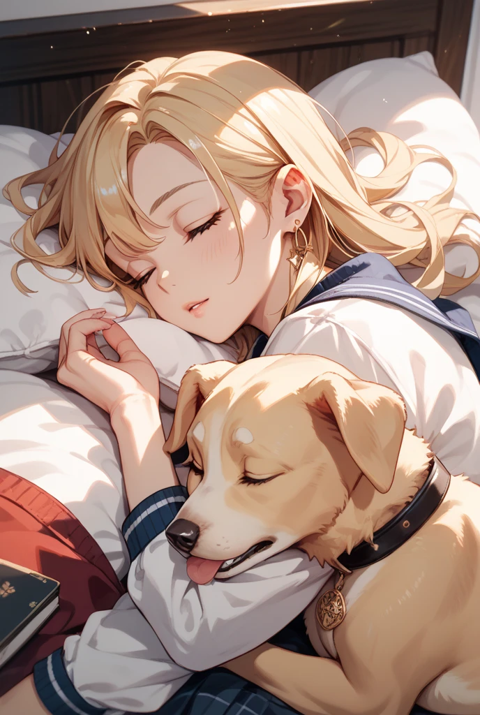 Elf woman sleeping face down in a large bed, relaxed expression, long loosely wavy blonde hair, sleeping with her pet dog, the dog curled up next to her and sleeping, soft morning light pouring in, calm atmosphere, detailed and clear drawing, warm and gentle colors
(Best quality, 8K quality, Masterpiece: 1.3, High resolution, Tabletop: 1.2, Realism: 1.3), Front view: 0.3, Full body Esbian: 1.3, Staring into the camera, (Well-groomed hair), Beautiful face, (Young gravure idol,), (Perfect face down to the smallest detail), Normal hands: 1.5, Normal fingers: 1:5, Normal legs: 1.5