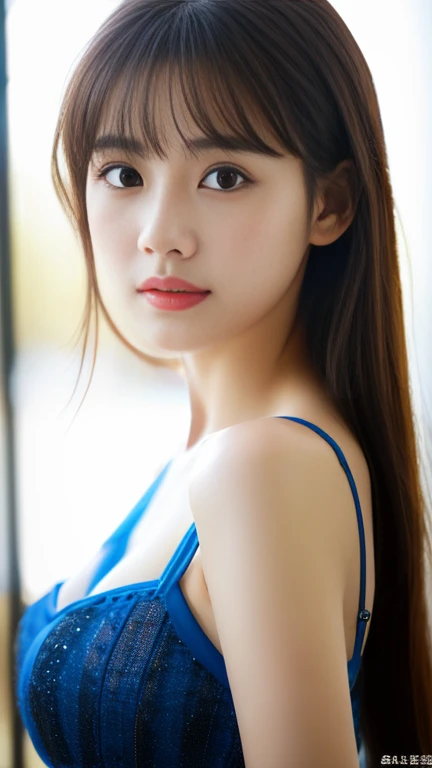 (((sfw:1.5)))、Close-up of a woman posing in a bikini, Voluptuous and very slim body, 24 year old female model, Perfect body,(((Fits small to large body types,))) Blue Bikini, Half body cut、(Huge upper chest:1.2)、Big cleavage、round face、Baby Face、Cute Smile、Sunburn、  Highest quality soft lighting,Blue hair color、 ((realistic perfectly round brown_eye:1.3、Big Eyes、Dripping eye)) (highest quality: 1.4), (Ultra HD: 1.2), (Photorealism: 1.4), (8k, RAW Photos: 1.2), (Sharp focus: 1.4) 、 (((Anatomically correct)))、（Perfect bodyプロポーション)、(Natural Hands、Natural Fingers、Natural Legs)