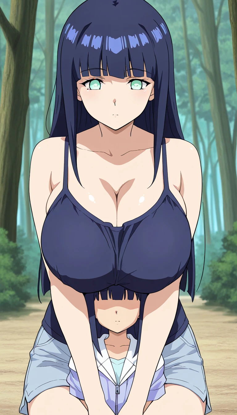 (masutepiece, Best Quality, High resolution, anime colours, megami magazine:1.2, anime poster style, anime keyvisual, sharp, 8k, photorealistic), (beautiful eyes:1.5, beautiful face), Kotegawa Yui, 1girl, solo, Cute, (Long Black Hair), (sagging large breasts:1.8), (tight camisole, no bra), underwear, (cowboy shot), (Perfect detailed Anatomy, beautiful detailed hair, perfect detailed body:1.2, shiny skin), (thick outline, Beautiful outlines, black outlines), simple background,
