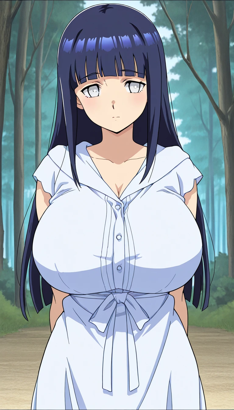 leaning forward, standing, white t-shirt, black pleated skirt, (night forest background), firecamp, NJAkiV4, takeda hiromitsu style, anime cels style, best quality, high resolution, (gigantic breasts:1.3), cowboy shot, blush, smiling, (purple eyes), blue hair, long hair, nijou aki hairstyle, looking at viewer