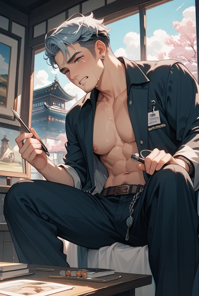 1 Asian guy, sitting, handsome with 6 pack,Left hand on chair, right hand holding erect penis((adult penis details)),mushroom head cylindrical penis,The erect erect penis shoots white semen from the leaking penis,rule34