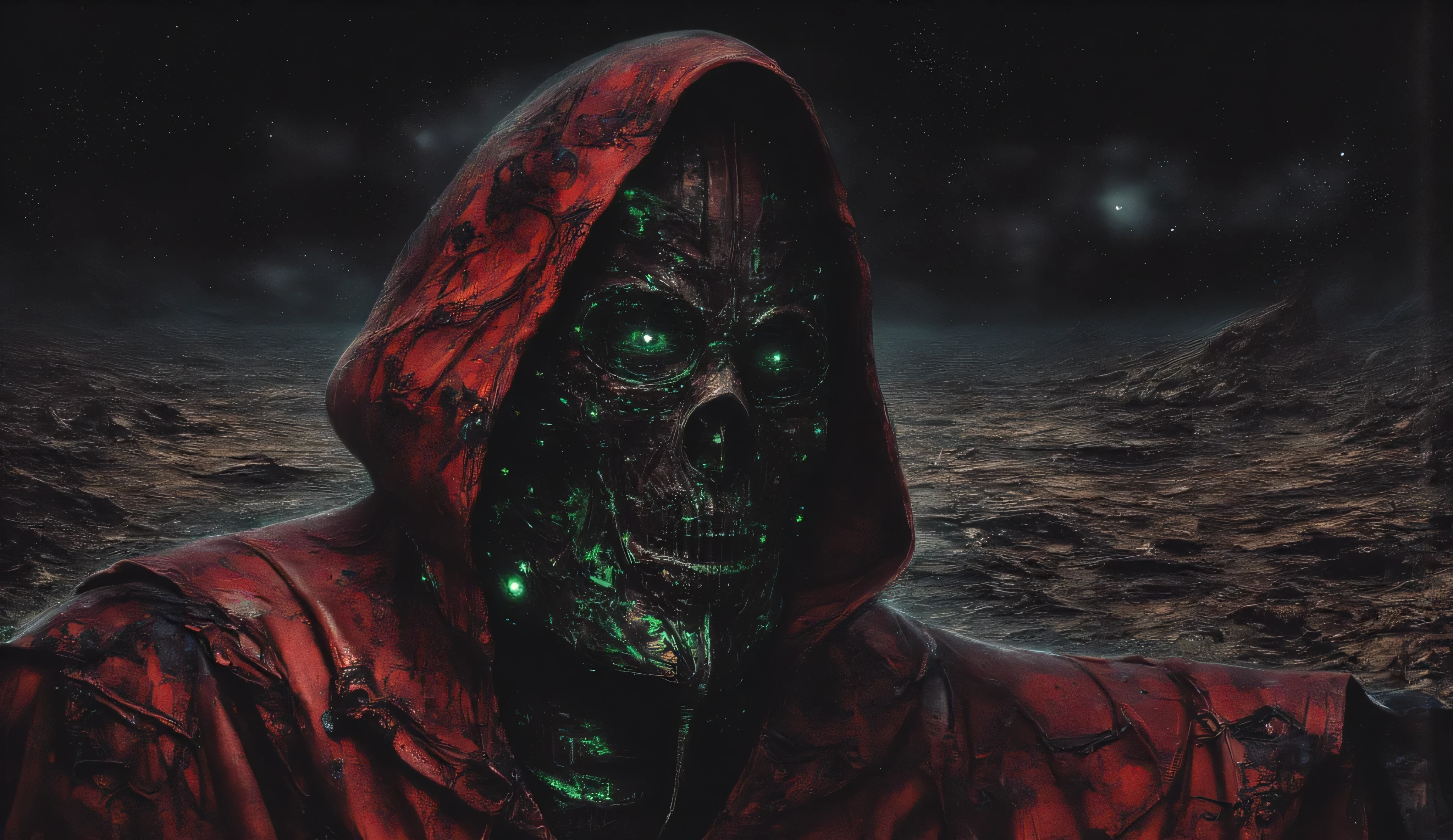 A cyborg sectarian in a red robe with a hood. He wears virtual reality glasses with lots of green lights on his face.. The stars of the galaxy and the cosmic beauty are visible in the sky.A lifeless land covered with cracks. It's a dark night. The black sky, the apocalypse. horror. Ruins of the city. It's a creepy landscape. Maximalism. the horror.