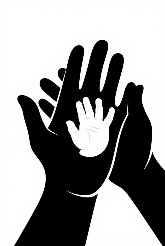 On a completely black background A silhouette of a pair of purple hands so that it looks like they dropped something, This is on top. In the middle, the silhouette of a baby in dark pink in a fetal position, falling down. Below, a pair of red hands that make the shape of catching something that falls from above.